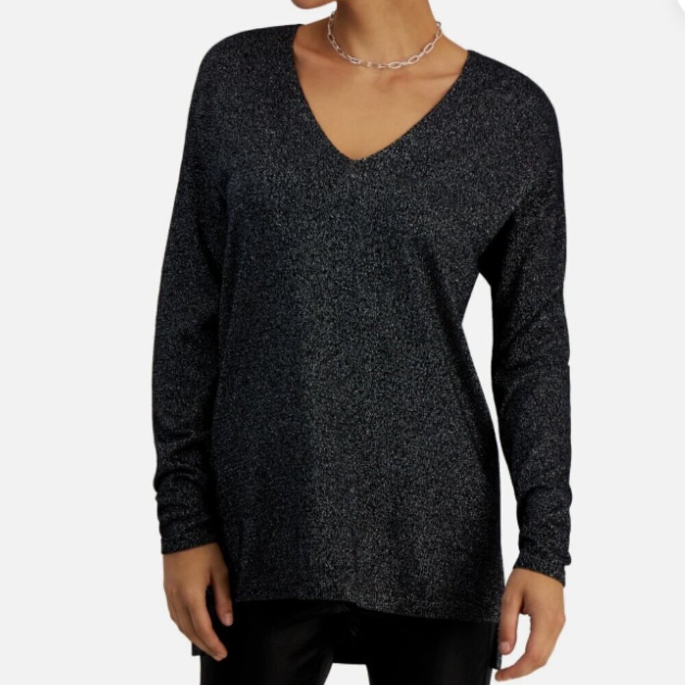 INC International Concepts Black Shine V-Neck Long-Sleeve Tunic Sweater Size M - Picture 2 of 10